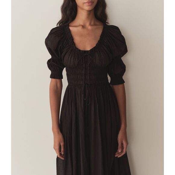 Doen Women's Black Puff Sleeve Ruffle Smocked Ischia Poplin Dress Large NWOT - Picture 5 of 16